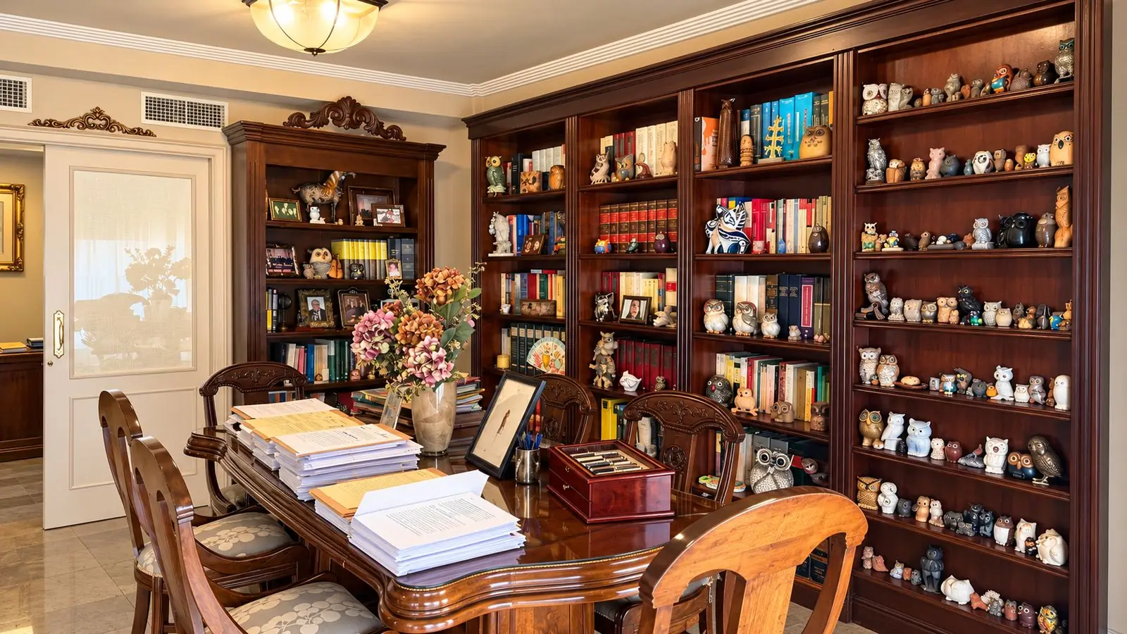 La mesa de reuniones y la biblioteca del despacho