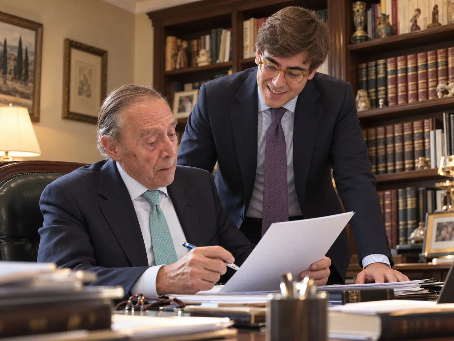 Fernando Bajo Herrera y Fernando Bajo de León revisan un documento en el despacho